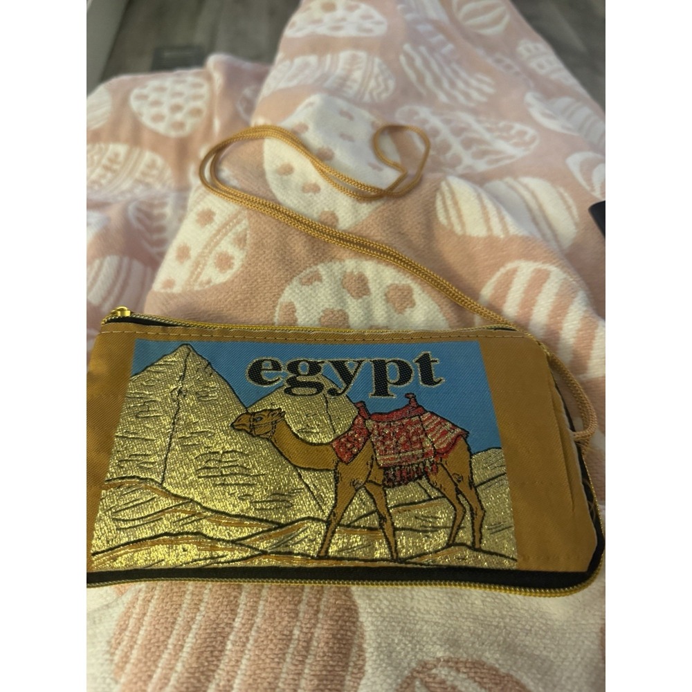 Vintage Egypt Fabric Souvenir Zipper Coin Purse Wallet Make Up Bag 7.5" X 4"